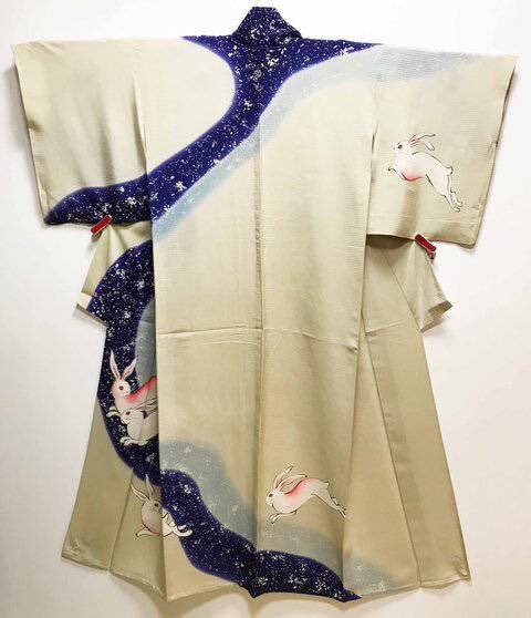 Rabbits on the waves, vintage summer kimono seen onThis very ancient motif might have appears with t