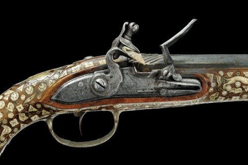A bone decorated flintlock pistol originating from Teschen, circa 1700.