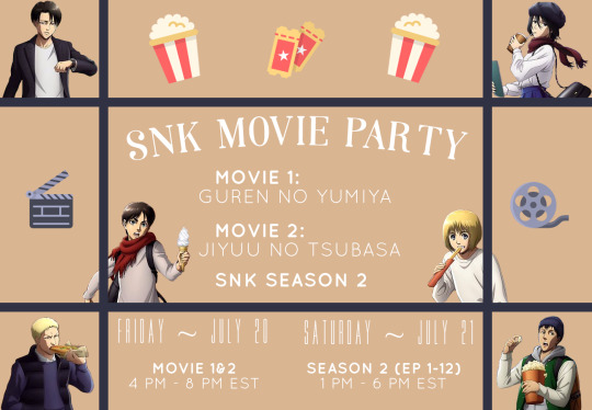 momtaku: orphy-convallaria:  orphy-convallaria:  Hey, you! Yes, you, beautiful buddy. There is going to be snk movie party to celebrate the series and get hyped for season three and you are invited! Friday will be ‘pre-party’ night and we will watch