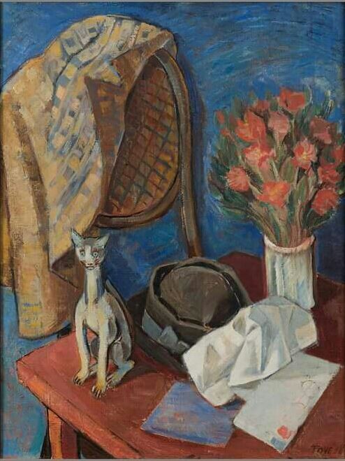 Still Life with Cat and Hat   -   Tove Jansson ,  1938Finnish,  1914-2001 Oil on canvas 65x50 cm.