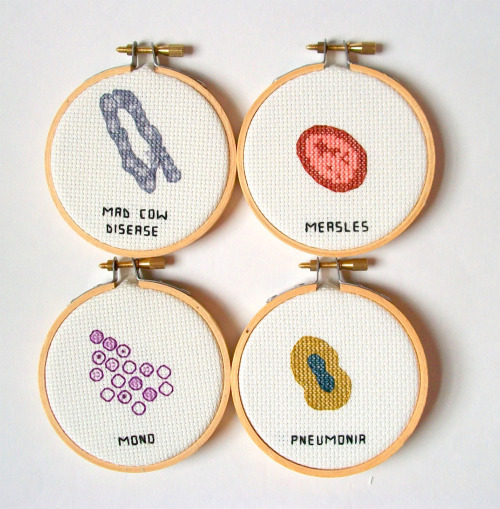 culturenlifestyle:  Adorable Cross-Stitched Illustrations of Microbes and Germs by Alicia Watkins Artist Alicia Watkins creates adorable cross-stiched illustrations of germs, microbes and other tiny pieces on her indie boutique Watty’s Wall Stuff