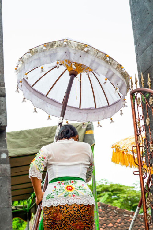 Balinese woman with chatra (parasol) a sacred simbol of power and royality.