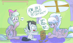 erraticjukebox:  Flitter, Rumble &amp; Cloudchaser playing some of the ol’ Jenga How do pegasi/earth ponies play this thing I don’t even know  xD!