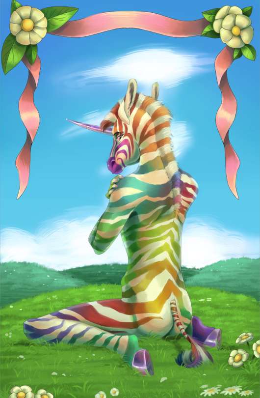 Digital illustration of an anthromomorphic rainbow zebra with a unicorn horn sitting with his back against the camera in a grassy field with white flowers. The top of the illustration is bordered with a pink ribbon and some white flowers