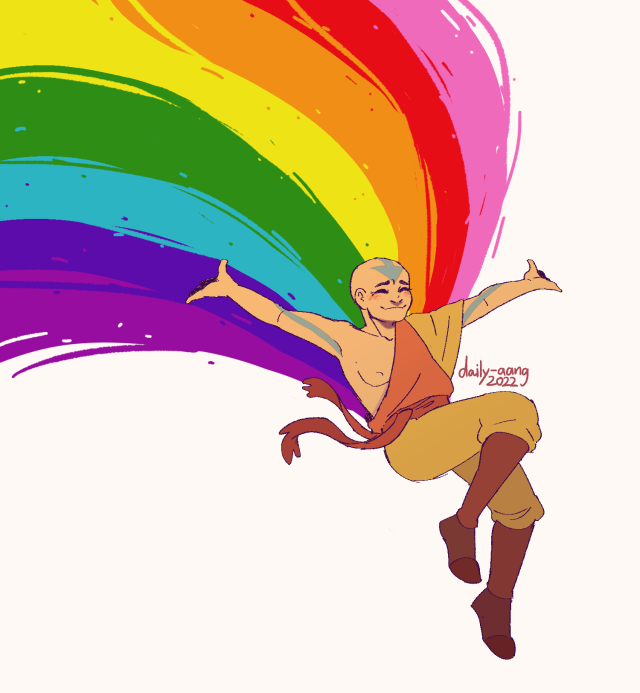 A digital illustration of Aang from the cartoon "Avatar: The Last Airbender". He is in mid-air, leaping downwards with his arms splayed out above him. His eyes are closed and he is smiling. The colours of the Gilbert Baker pride flag flow out behind him in bold streams. From top to bottom, the colours are: hot pink, red, orange, yellow, green, turquoise, blue, and violet. The artist's signature reads "daily-aang 2022". 