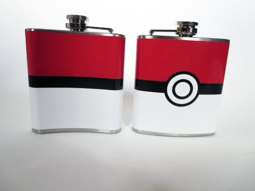 wickedclothes:  Pokemon Flasks Catching Pokemon can be pretty exhausting. Carry one of these flasks with you for when the going gets tough. Sold on Etsy.