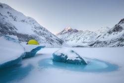 ourcamplife:  Where is the craziest place you’ve ever camped? Tell me about it in the comments.  Here is mine: On an iceberg, in the middle of a frozen lake, in the middle of the Southern Alps. It was -13C that night, and I was cold, but it was one