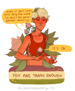 friendlytroll:  asexualmew:  howling-wizard: For all the wonderful non-binary trans folks&lt;3 This is absolutely gorgeous art, and honestly, I also really needed this. :&gt; Thank you.  Also, I know this is a ll crass to put on such a beautiful series