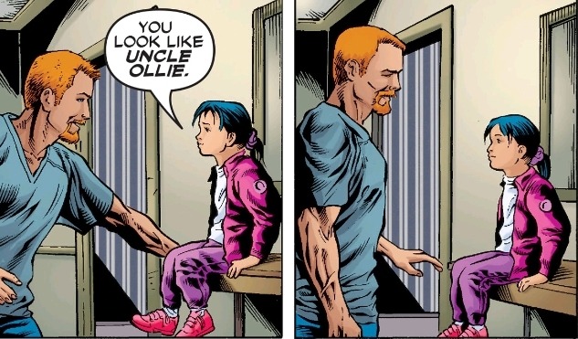 Roy smiles at Lian who is happily sitting on a counter. Lian: "You look like Uncle Ollie." Roy frowns at Lian in the second panel.