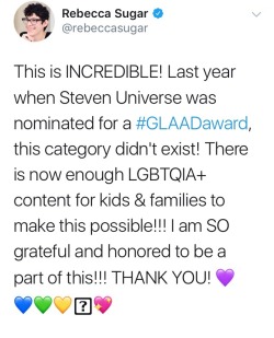 crewniverse-tweets:Steven Universe is once again nominated for the Glaad awards, but for a brand new category, Outstanding Kids and Family Programming!