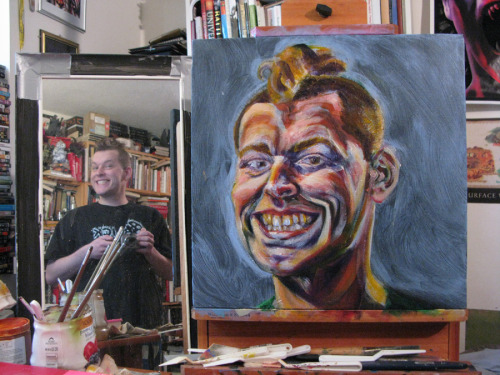 Process pics of self-portrait, 18"x18", acrylic on canvas