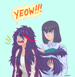 herokick:  If Ryuko grew her hair out as long as Satsuki’s used to be… So much fluffy and scruffy hair…can this actually be tamed? (;; ≖ __ゝ≖) YEOW!!! Could ya brush more carefully, Kiryuin?! (ಥwಥ╰)    my poor babe &gt; .&lt;