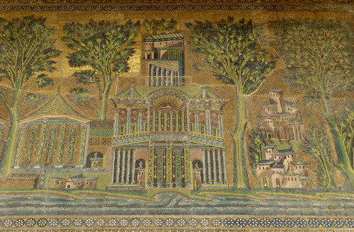 artofthedarkages: Mosaics depicting trees and architectural landscapes on the interior and exterior 