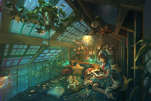 yuumei-art: Rainy Nights~ There’s nothing cozier than cuddling with your floof on a rainy night with