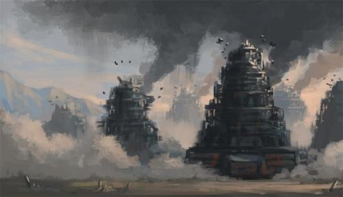 intertwined-streetlights:illustrations of the cities from my favourite book, Mortal Engines.First on