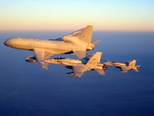 centreforaviation:Refueling Friday - British Royal Air Force L-1011 feeds F-18s