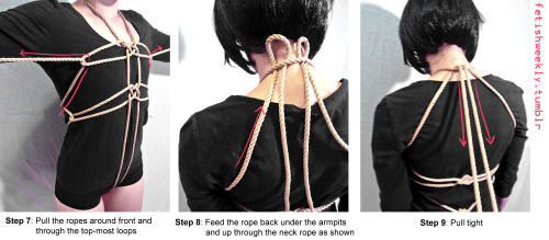 fetishweekly:  Shibari Tutorial: Lover’s Harness Video on how to tie the Coin Knot here &heart