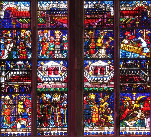 Stained glass windows depicting the life of Saint Catherine of Alexandria dating to 1430-1460 and li