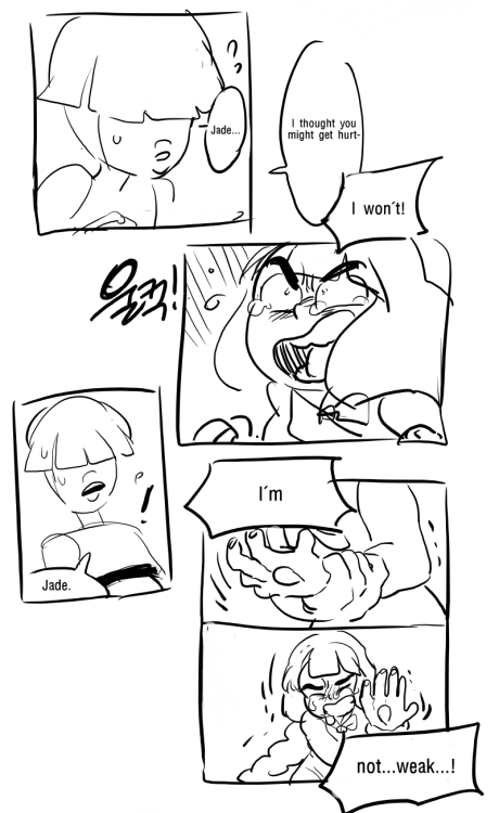 Translation: slothinateacup​  Jade is experiencing trauma of being regarded as a weak gem because sh