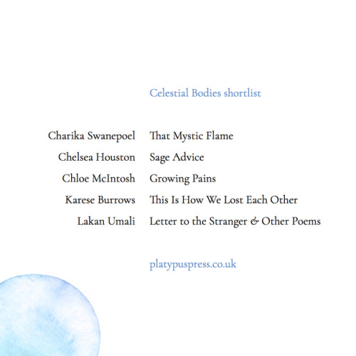 platypuspress:We are pleased to announce the shortlist for our Celestial Bodies contest, and we will