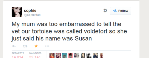 thecurlyginger:mysharona1987:Oh my God.VOLDETORT.Hold on, best story ever:My friend’s wife is the front desk person at a vet clinic, and this woman calls in asking if she can bring her lizard in. His wife agrees and asks what the lizard’s name is