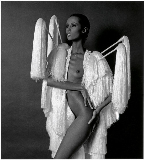 Iman wearing Issey Miyake photographed by Marcus Leatherdale,1983