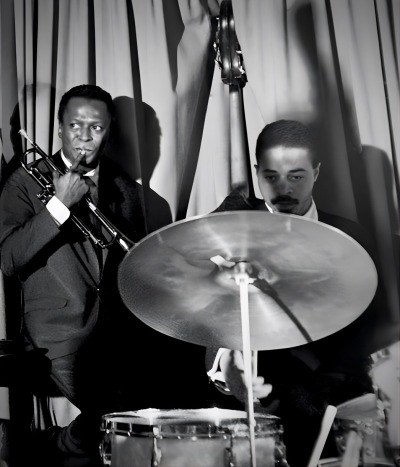 jazz-improvisation:Miles Davis and drummer Jimmy Cobb in New York City, 1958photo: Robert W. Kelley Time & Life Pictures