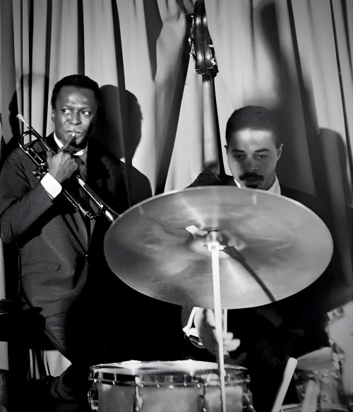 jazz-improvisation:Miles Davis and drummer Jimmy Cobb in New York City, 1958photo: Robert W. Kelley Time & Life Pictures