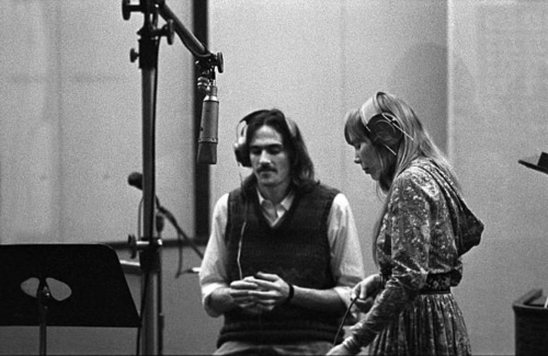 bobdylan-n-jonimitchell:James Taylor & Joni Mitchell laying background vocals for ‘Will You Love