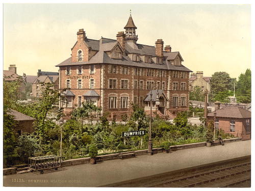 Photochrom prints of Dumfries (Scotland, c. 1890 - c. 1900): High Street, Station Hotel, the Sands, 