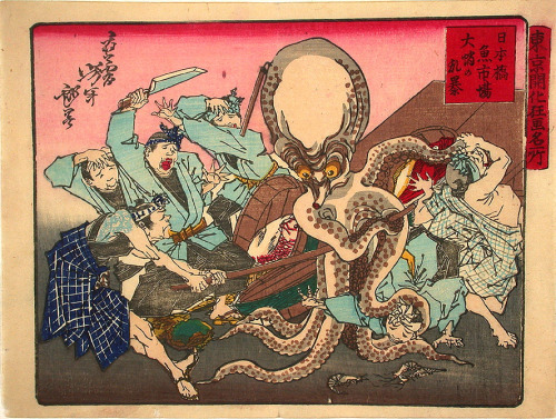 theartistsmanifesto:Yoshitoshi, “A giant octopus takes on all comers at the fish market at Nihombash