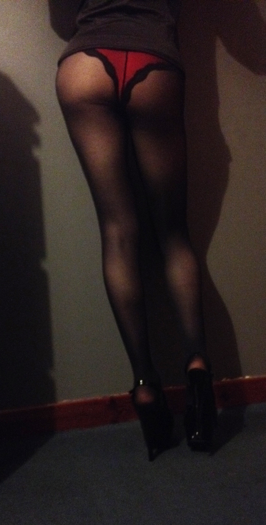 feetcdadore:  feetcdadore:Pulled on the pantyhose again with heels and red panties.