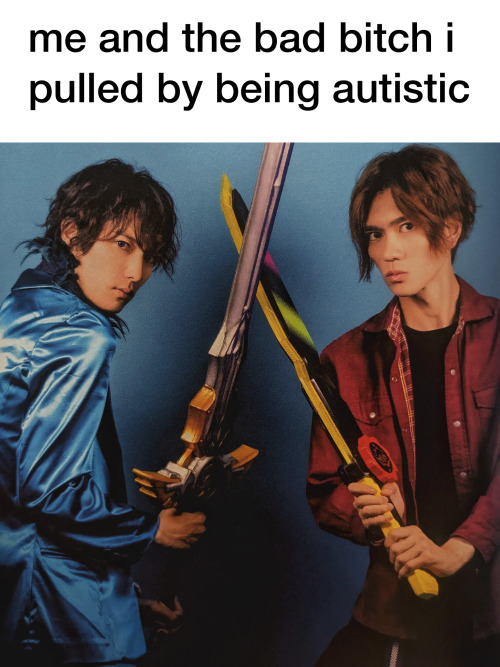 an image of sonoi and tarou from donbrothers. they are crossing swords, sonoi looking over his shoulder and tarou looking straight ahead both towards the viewer. their expressions are serious. above them on a white background is the caption “me and the bad bitch i pulled by being autistic”. (id also in post)
