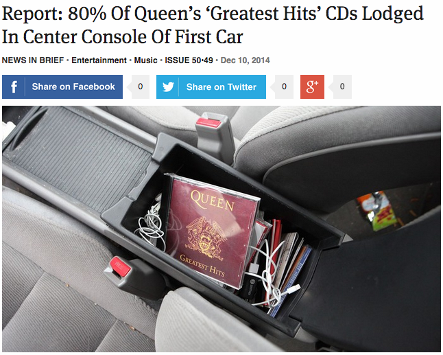 ricktimus:  theonion:  Report: 80% Of Queen’s ‘Greatest Hits’ CDs Lodged In