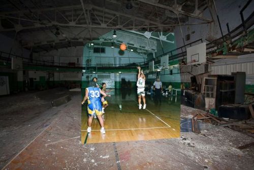 abandonedandurbex:  Abandoned school gym in Detroit - then and now [1600x1067]Source: https://openpics.aerobatic.io/