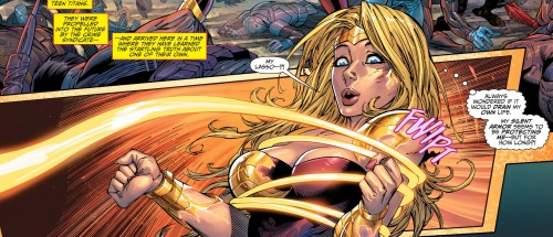 panel from Teen Titans vol. #4 28 showing Wonder Girl tied up by the laso which breaks the armor on one of her breasts, she has wide heavily eyelinered eyes looking down with an O pout on her lips, she says "My lasso?" while thinking "Always wondered if it would drain my own life. My silent armor seems to be protecting me, but for how long?" she looks turned on by it