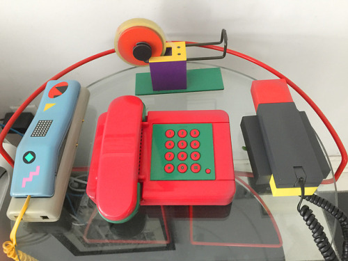 Blue phone is by Swatch, middle phone by Olivetti and phone at right is the Sottsass “Enorme” from’8