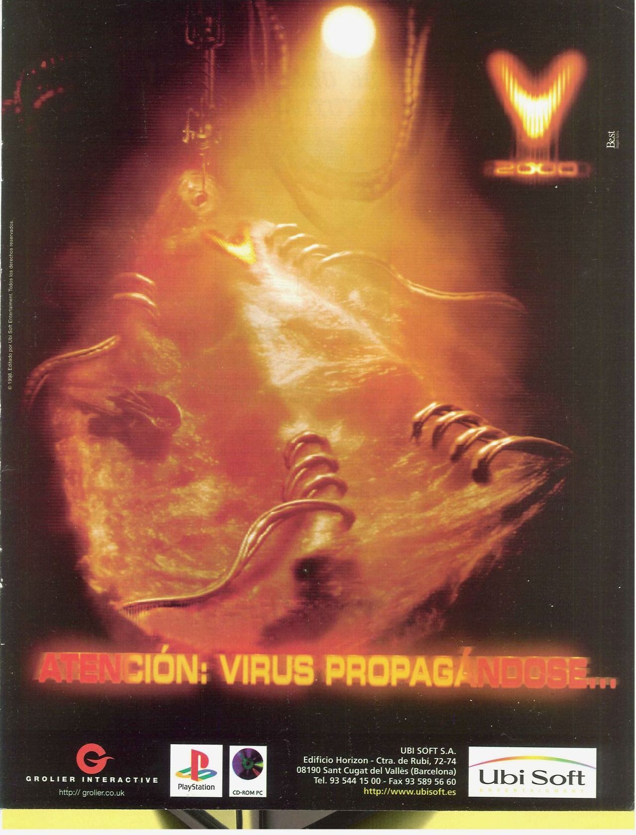 ‘V2000′
[aka: ‘Virus 2000′][PC / PS1] [SPAIN] [MAGAZINE] [1998]
• via The PlayStation DataCenter; requested by an anonymous viewer
“Hi, I remember this terrifying ad in a PlayStation magazine for V2000. It had a dude strapped to some sort of alien...