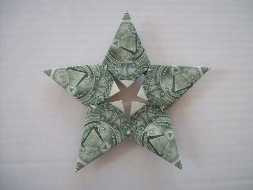 “Money Star,” a traditional design, I think.Folded by Annalisa from US dollar bills (and some standa