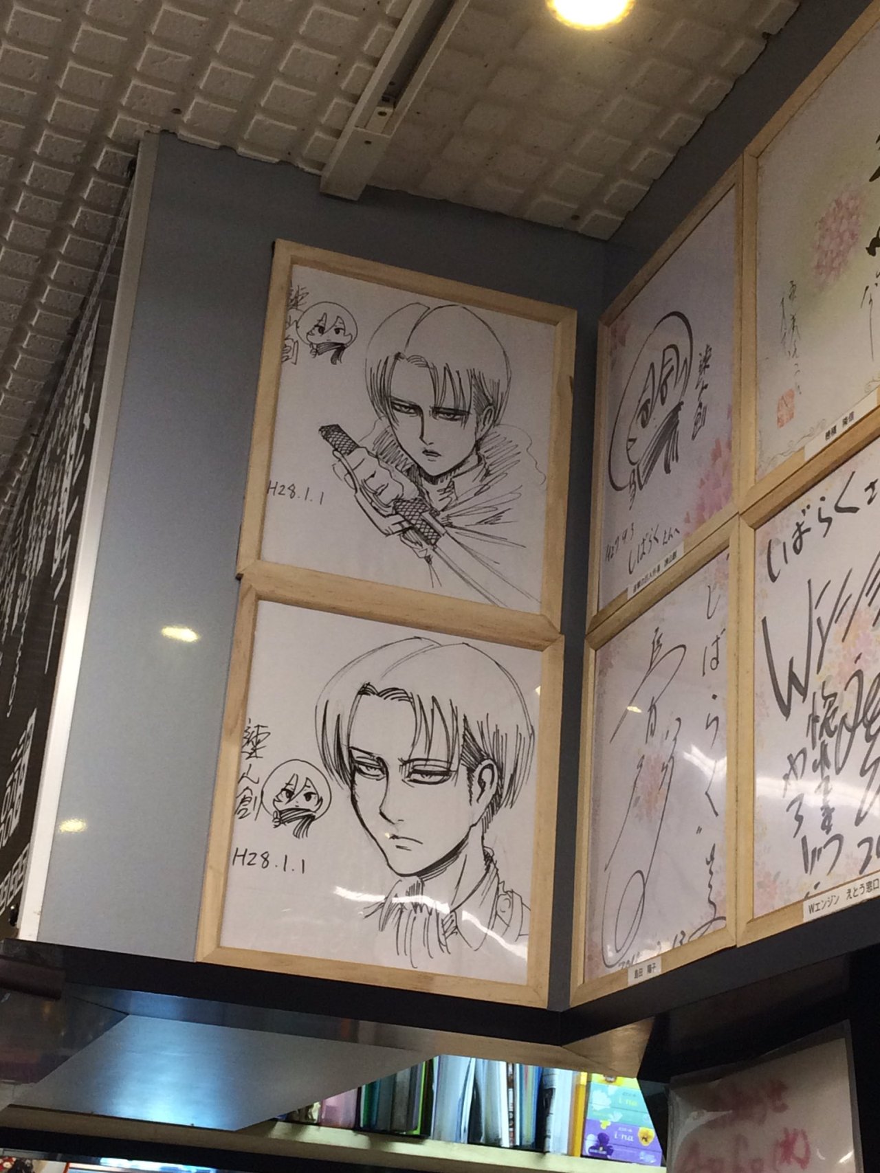 Isayama Hajime’s sketches of Levi and chibi Mikasa, as seen at the Shibaraku Ramen