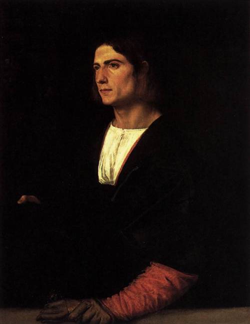 artist-titian:Young Man with Cap and Gloves, 1515, TitianMedium: oil,canvas