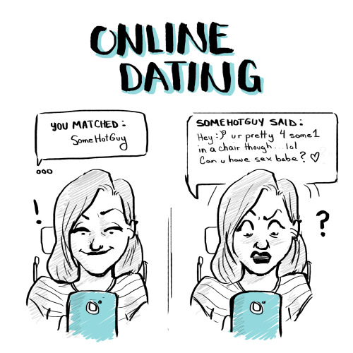 thedisabledlife:[Image Title: Online Dating. Image (Left): A girl in a wheelchair smirking while che