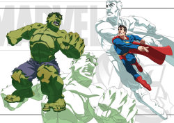latanieredecyberwolf:  Hulk vs Superman &amp; Spider-Man vs Flash  by Kevin Harrell  Good matchups