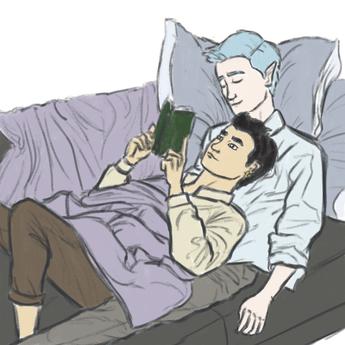 ashen-crest: [ID: a digital sketch of Ambrose and Eli cuddling on a couch. Ambrose is napping and le