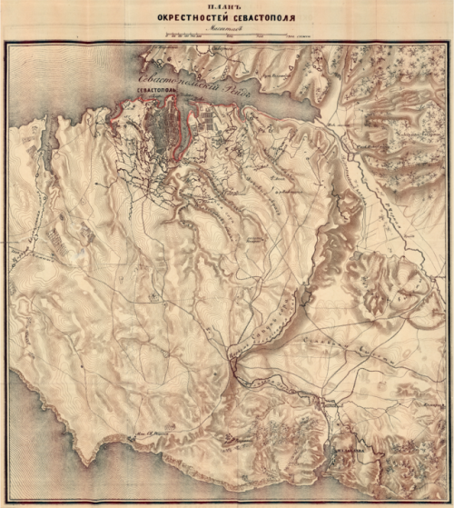 Outlined in red: Sevastopol, Crimea during the Crimean War (1854-56), printed in “The Eastern 