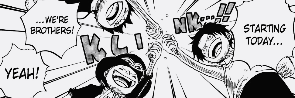 Manga panel of the ASL brothers as children clinking their sake cups together. All the text is in all caps. Ace has two text bubbles that read: "starting today...", "...we're brothers!". Luffy and Sabo respond in the same text bubble: "yeah!". In the background there is a SFX: "klink...!!".