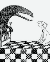 decomposion:  Art history meme (x) - 4/8 artists - Edward Gorey  But then the demon, much too soon, Returned one Sunday afternoon  
