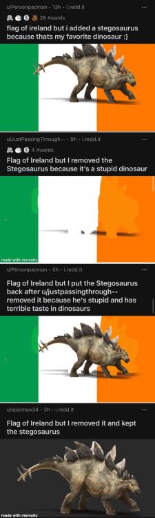 ghost-in–the-room:hikarigolden:omghotmemes:A tale in 4 parts


Wait there’s a follow up 


Flag of wales but stegosaurus is flag sitting 