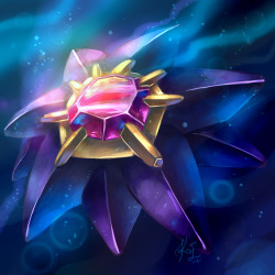 eviart:  Day 18, favorite water type; StarmieTo end off the pokemon types with an epic boom. Here is my fav water type - starmie &lt;3 I’ve always loved it, so pretty and mysterious. Had so much fun with this picture, really went crazy with the colors.