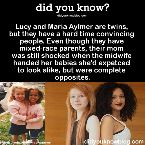 did-you-kno:  Lucy and Maria Aylmer are twins, but they have a hard time convincing people. Even though they have mixed-race parents, their mom was still shocked when the midwife handed her babies she’d expetced to look alike, but were complete opposites.